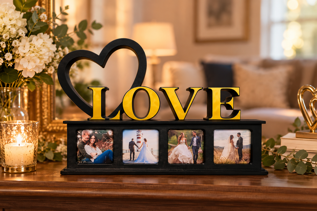 Black & gold LOVE photo magnet display in a warm living room setting. 