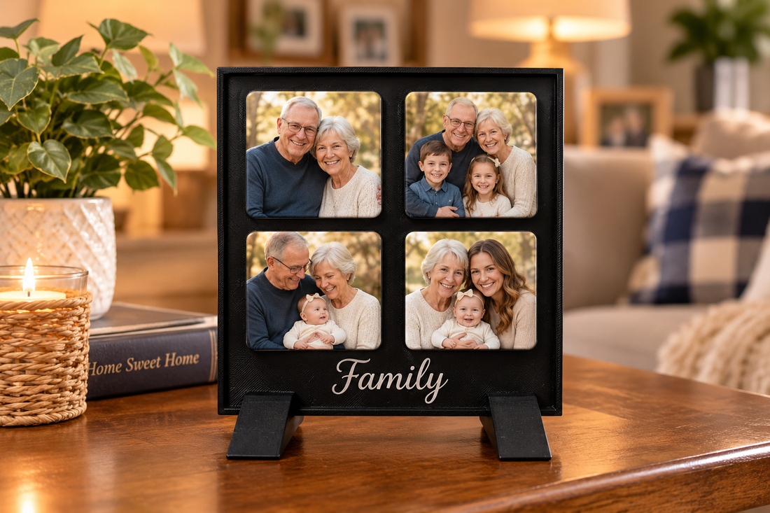 Black Square Frame photo magnet display personalized with the word Family, a meaningful photo gift for grandparents.
