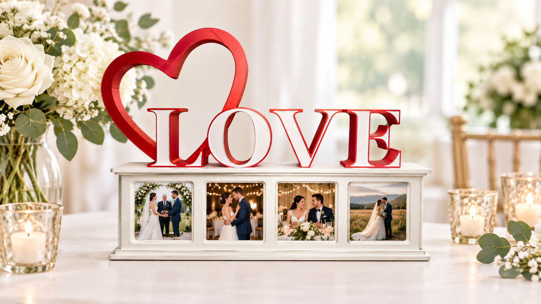 White and red LOVE photo magnet display with four wedding photos on a decorated table.