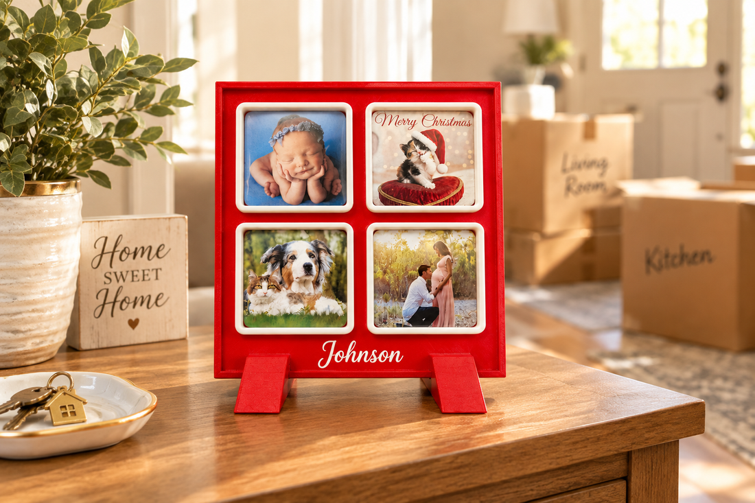 Red and white Square Frame photo magnet display on an entryway table, a personalized housewarming gift idea.