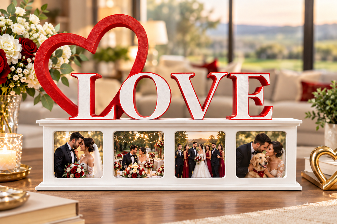 White and red LOVE photo magnet display styled on a living room table for a wedding or anniversary gift.