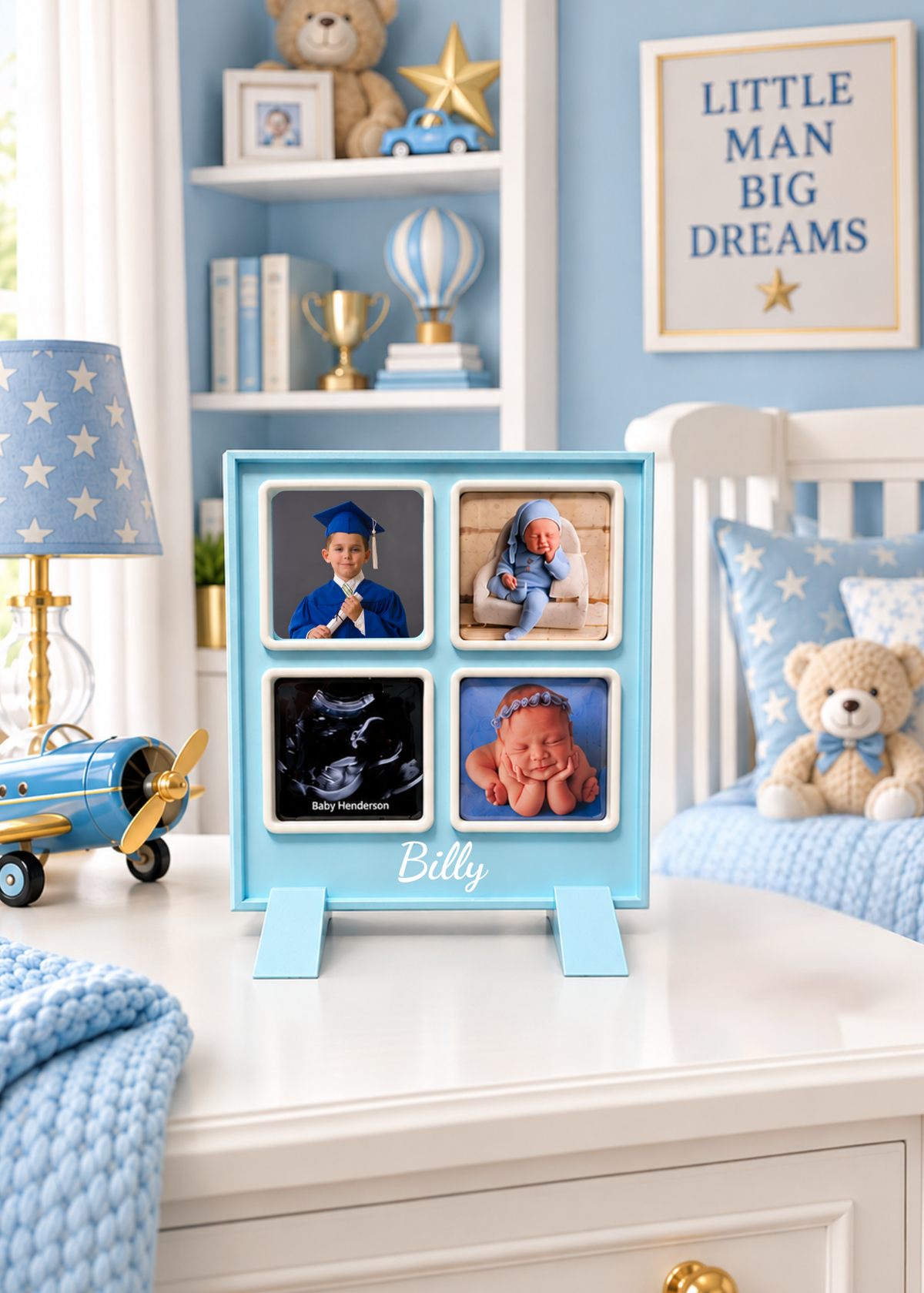 Baby Blue Square Frame Photo Magnet Display personalized with Billy in script, in a blue nursery scene.
