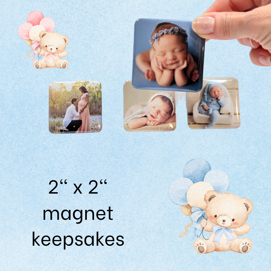 2 x 2 photo magnet keepsakes shown with baby and family photo magnets on a blue background with teddy bear illustrations.
