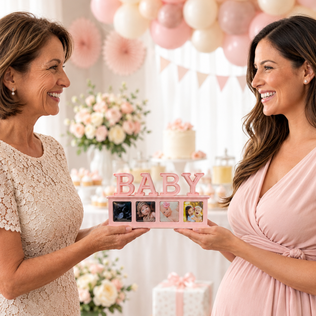 Joyful baby shower with pink BABY photo display in a baby shower setting