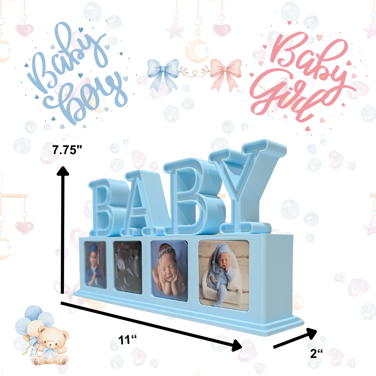 BABY Photo Magnet Display with dimensions.