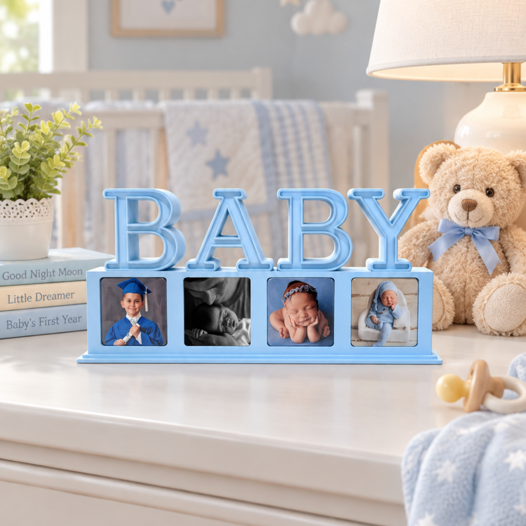 Baby-blue BABY photo magnet display with four photos on a nursery dresser beside a teddy bear and books.