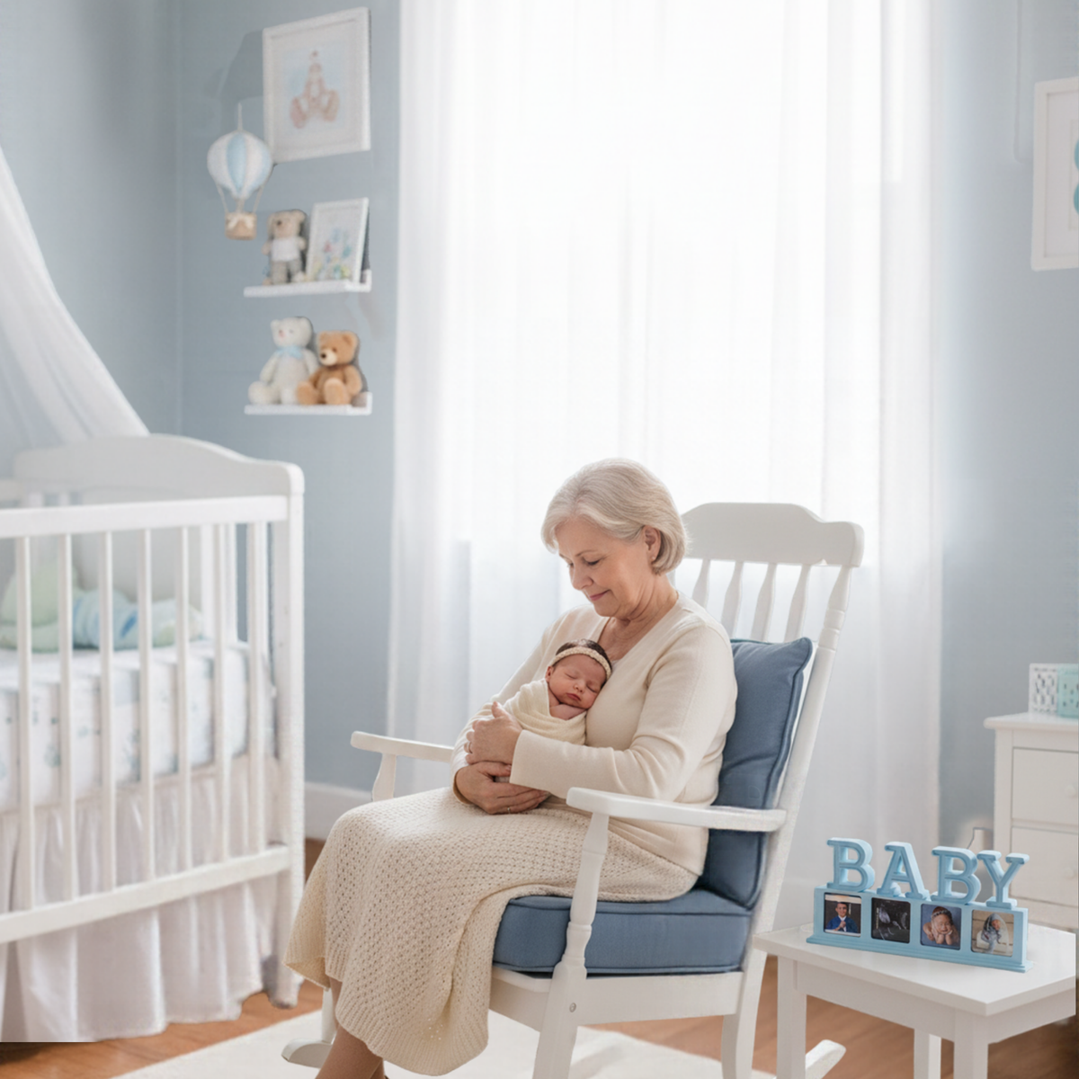 Woman holding a newborn in a soft blue nursery, with a baby-blue BABY photo magnet display on a nearby side table.