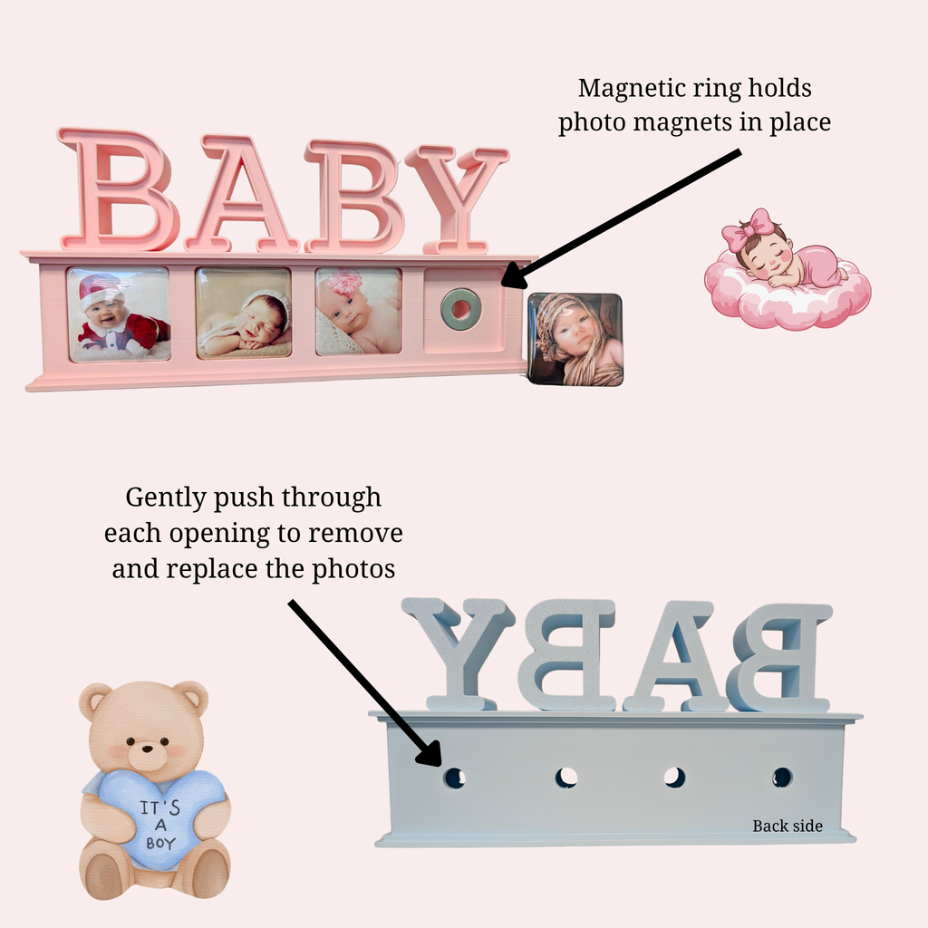 A baby-themed photo frame display shown on a pale pink background with instructional text and callout arrows. The top version is light pink with large raised letters spelling BABY and four photo magnet slots with sample baby photos; a note says magnetic ring holds photo magnets in place.