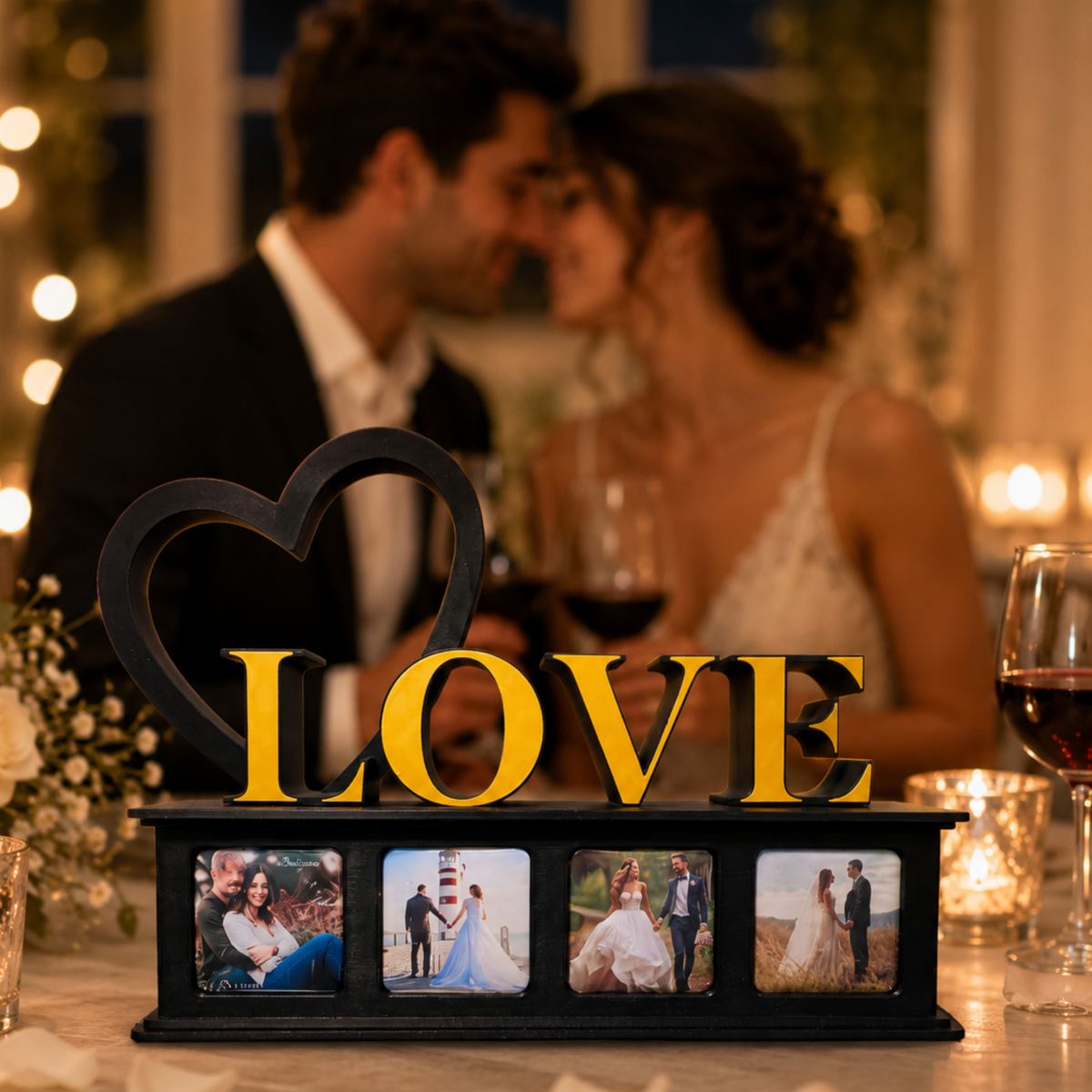 A black tabletop photo frame with four inset couple photo magnets and large gold 'LOVE' lettering with a black heart-shaped silhouette. A blurred couple holding wine glasses stands in the background at a candlelit table.