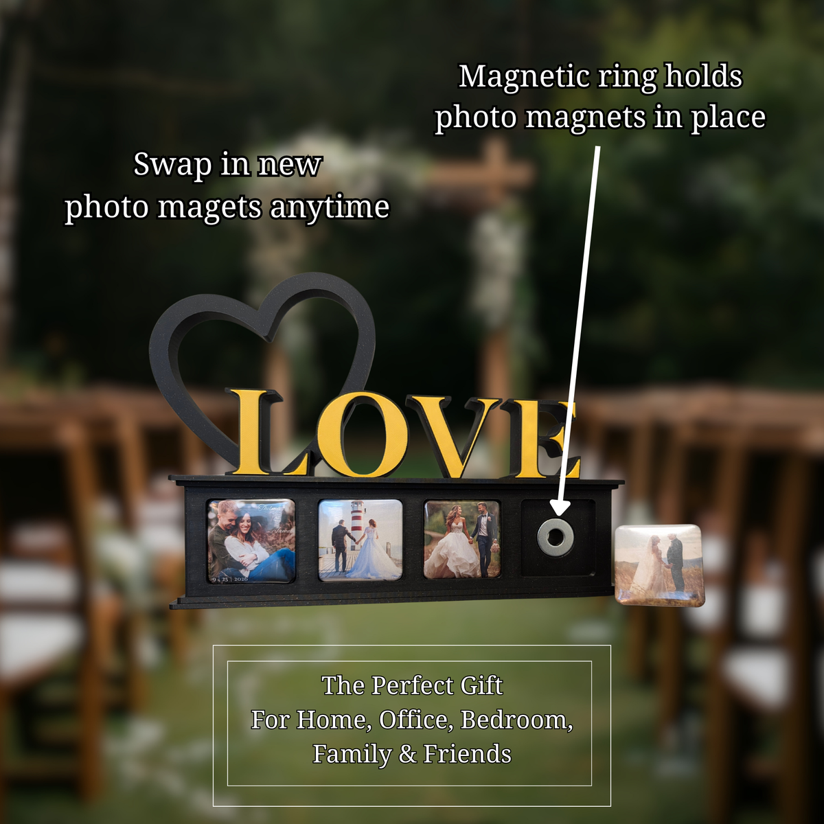 A black decorative photo magnet display with the word LOVE in large gold letters and a black heart silhouette, shown outdoors with overlaid callouts explaining magnetic photo magnets. The photo frame holds four photo magnets, and text at the bottom says it is suitable for home, office, bedroom, family, and friends.