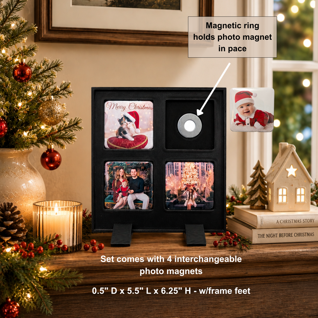 A black magnetic photo frame stand displayed on a decorated Christmas mantel, showing four photo magnets and one circular magnetic insert. A text callout explains the magnetic ring, with an inset showing a sample photo magnet.
