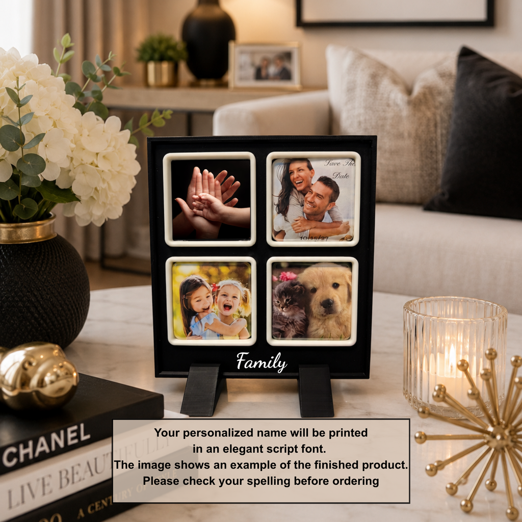 A black personalized photo frame with four square photo magnets and the word 'Family' at the bottom, displayed on a table in a styled living room setting.