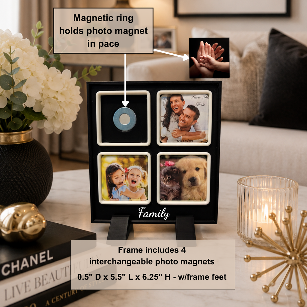 Black square photo frame with four slots holding custom photo magnets, shown on a tabletop in a living room setting with overlaid explanatory text about the magnetic ring and interchangeable photo magnets.
