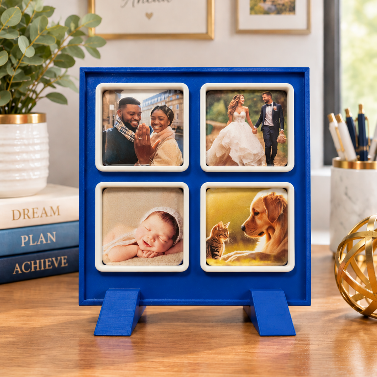 A blue square photo frame display with four magnets, on a wooden desk in a styled home office setting.