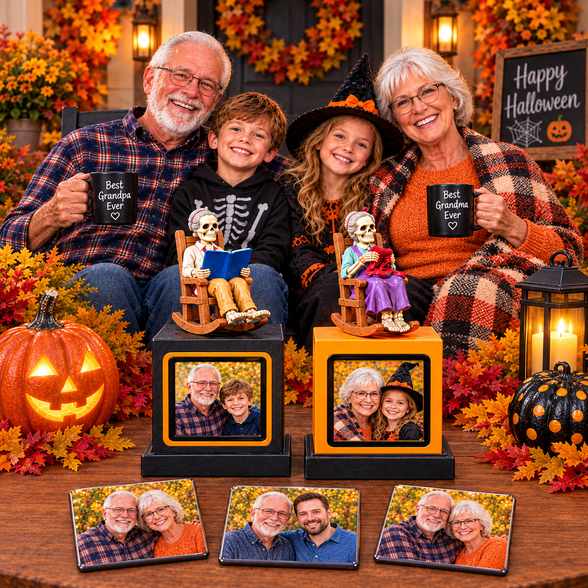A family of four poses with custom Halloween skeleton photo frame displays with additional photo magnets on a decorated autumn table. The scene includes a jack-o'-lantern, fall leaves, candles, and Halloween decorations, with the family holding mugs that say 'Best Grandma Ever' and "Best Grandpa Ever."