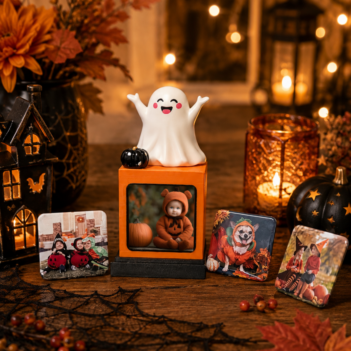 A Halloween-themed photo display set on a wooden table, featuring a Happy ghost figurine with a smiling face and raised hands, standing on an orange memory cube and a black base, with a photo insert of a child in a pumpkin costume. Surrounding the centerpiece are three smaller photo magnets and decorative props including a black house lantern, a candle holder, a black pumpkin, autumn leaves, and spiderweb fabric, all lit by warm string lights in the background.