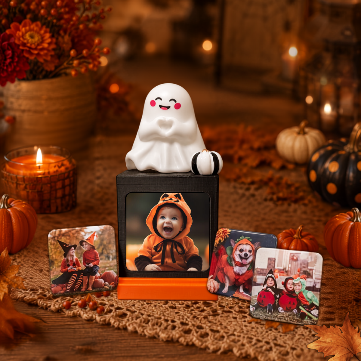 A Halloween-themed photo display set on a rustic wooden table, featuring a white ghost figurine with a smiling face on top of a black memory cube, surrounded by three custom photo magnets and fall decorations like pumpkins, candles, and autumn leaves.