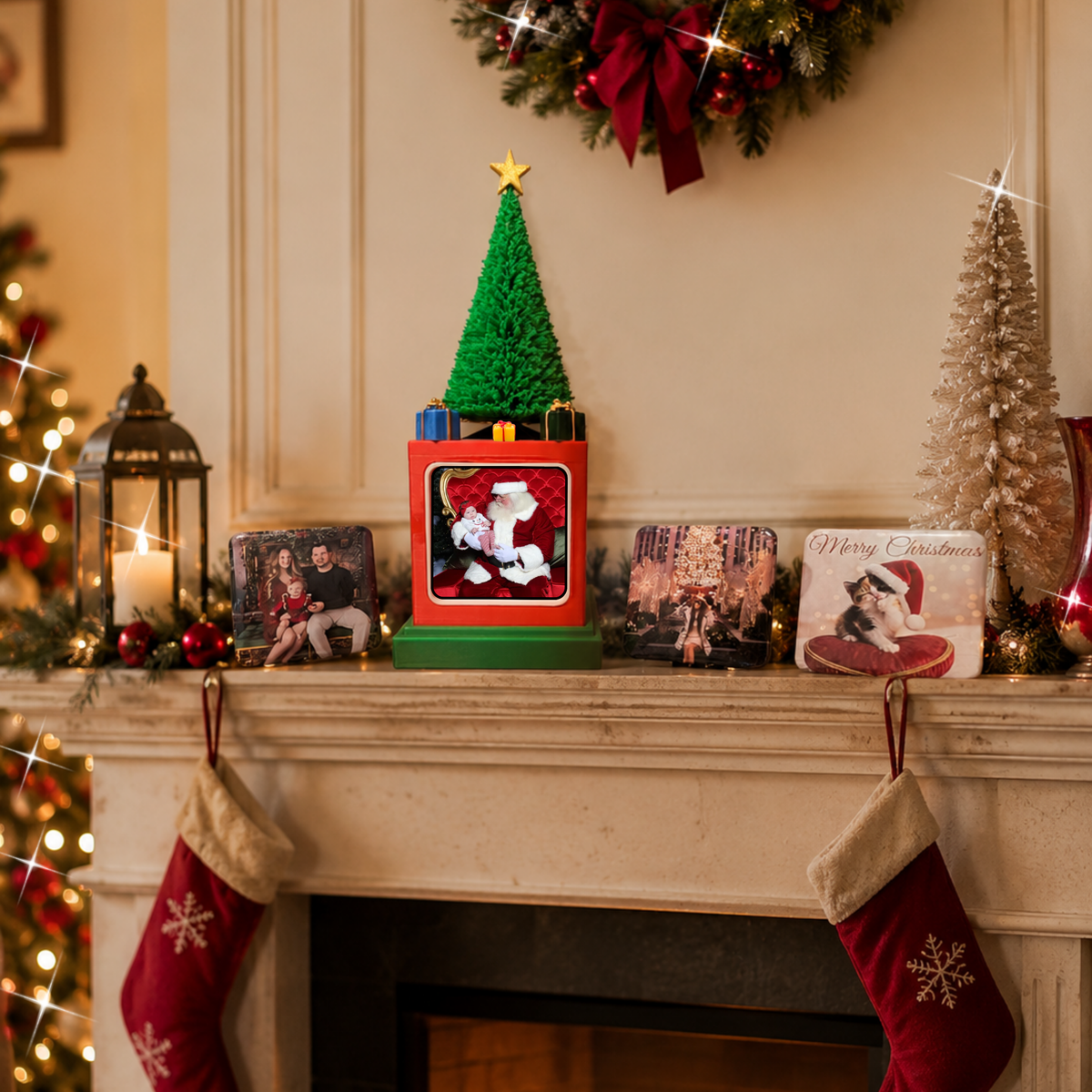 A festive Christmas mantel display featuring a small green artificial tree in a red and green box with a photo frame on top, surrounded by stockings, holiday lights, cards, and a small white tree against a warm beige wall.