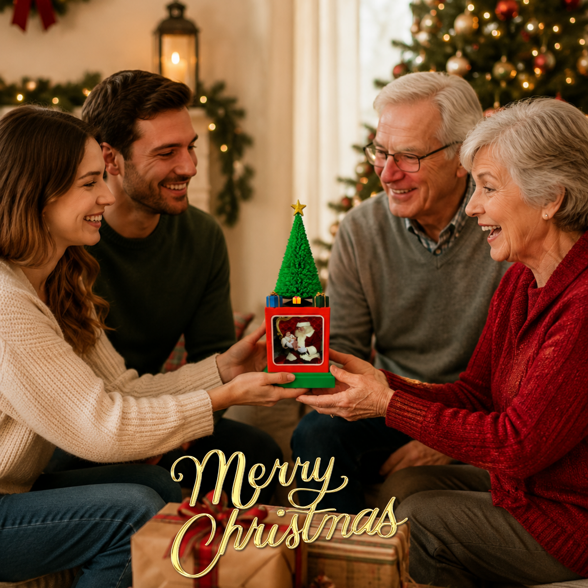 A family of four gathered in a warmly lit living room, smiling as they hold a small matte green Christmas tree with a red frame and a photo inside. The scene is decorated with holiday lights and garlands, and the words 'Merry Christmas' appear at the bottom.