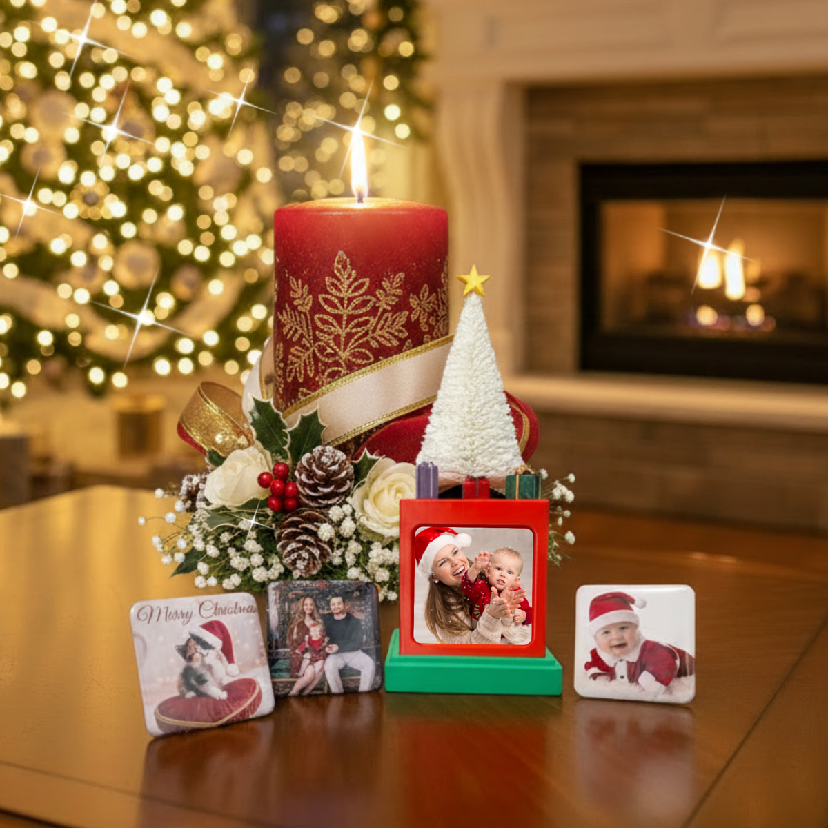 A festive Christmas tabletop centerpiece with a red pillar candle, small white Christmas tree, pinecones, holly, and several square photo tiles with holiday-themed prints, set on a wooden table in front of a lit fireplace and blurred Christmas tree background.