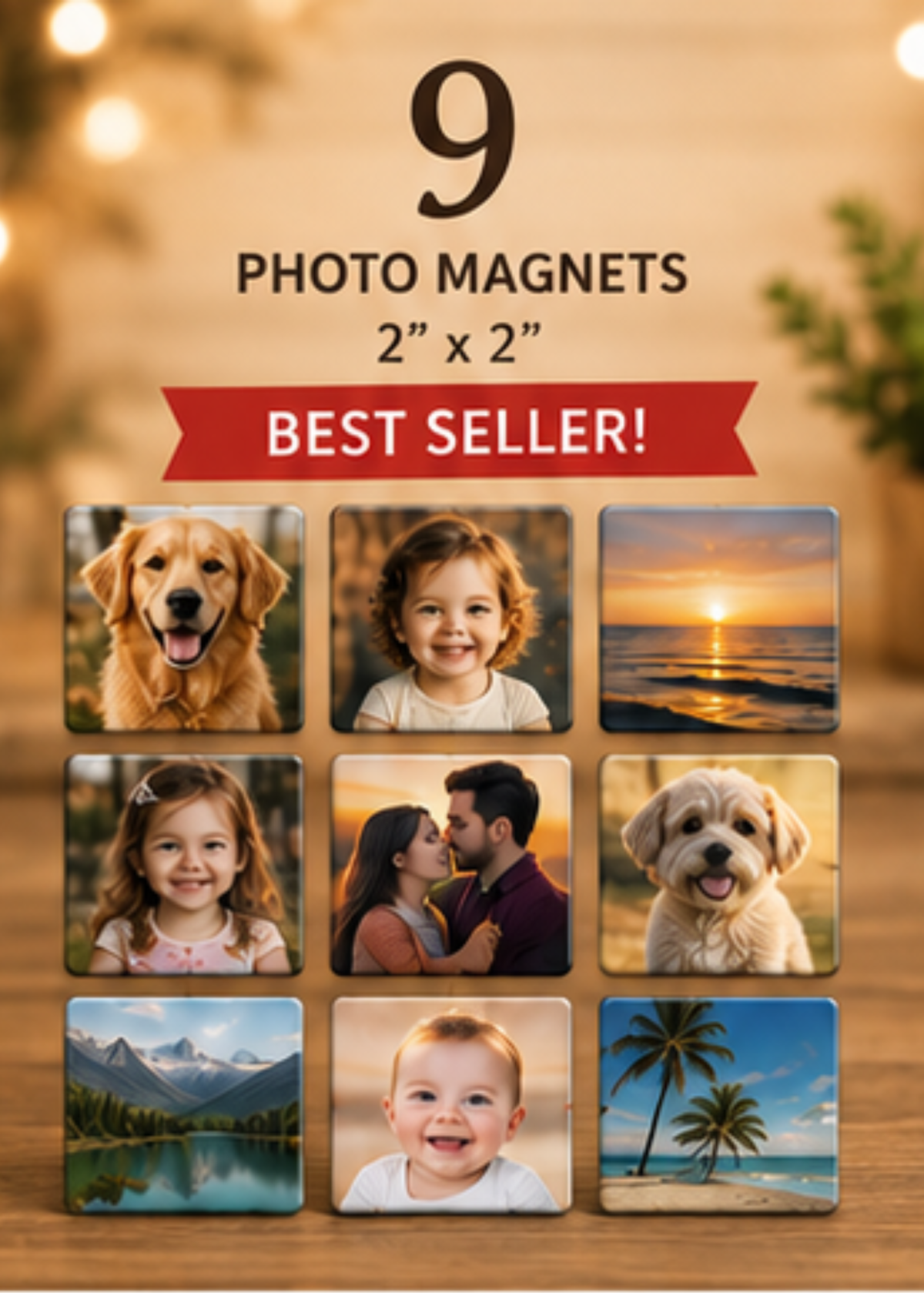 Nine 2 x 2 photo magnets in a three-by-three grid labeled best seller, showing pet, family, and sunset photos.