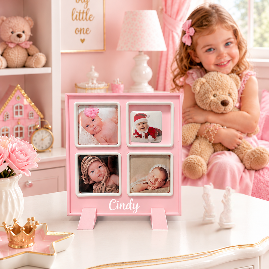 A pink personalized four-photo magnet frame with the name 'Cindy' at the bottom, styled on a white table next to a young girl holding a teddy bear in a pink room.