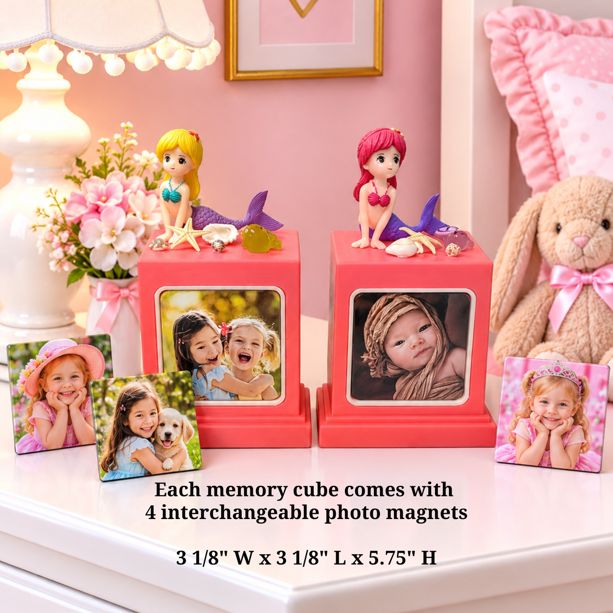 Personalized memory cube photo frames with mermaid figurines, shown on a pink dresser with decorative props and text noting that each cube comes with 4 interchangeable photo magnets.