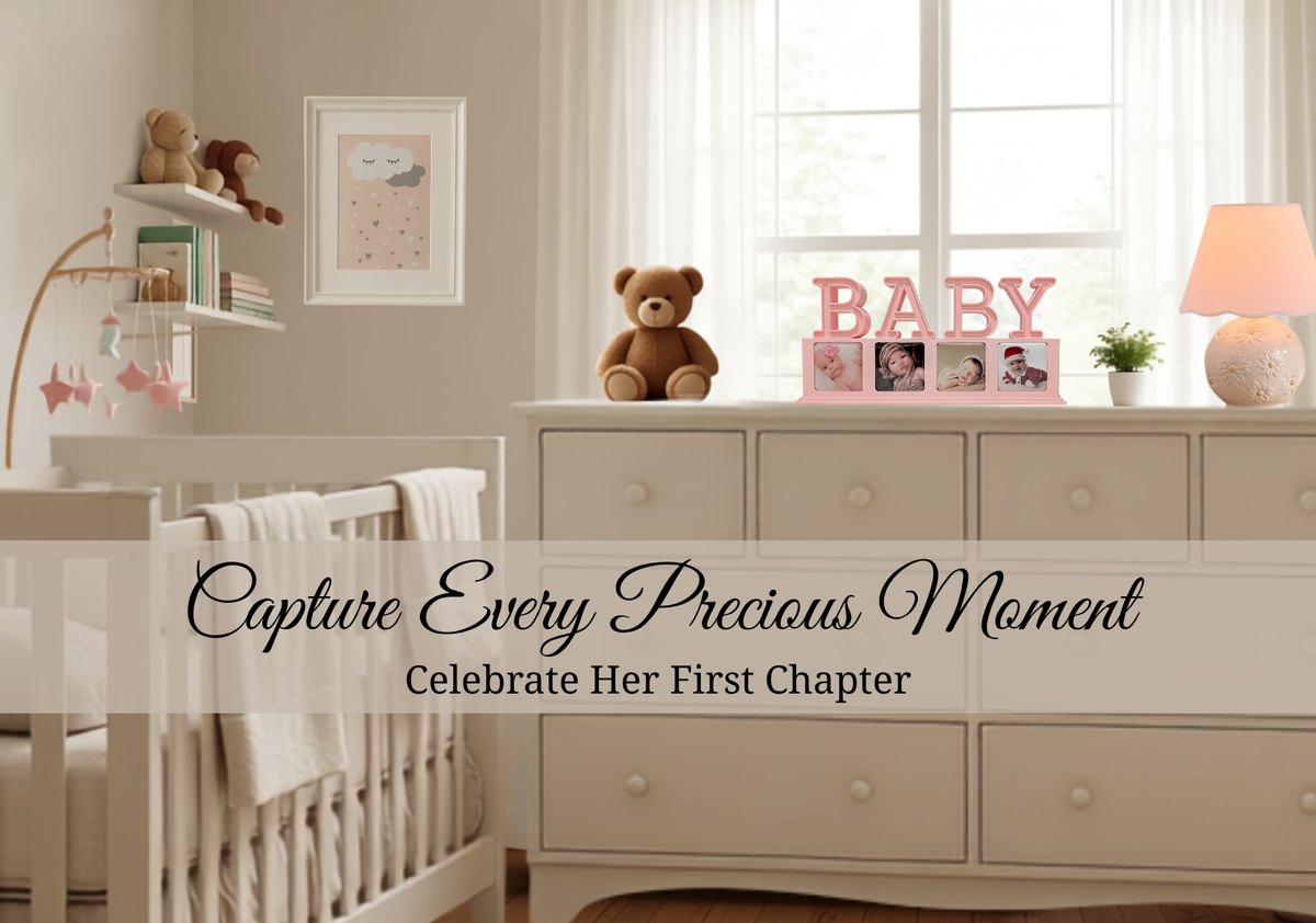 Personalized BABY photo magnet display in a nursery.