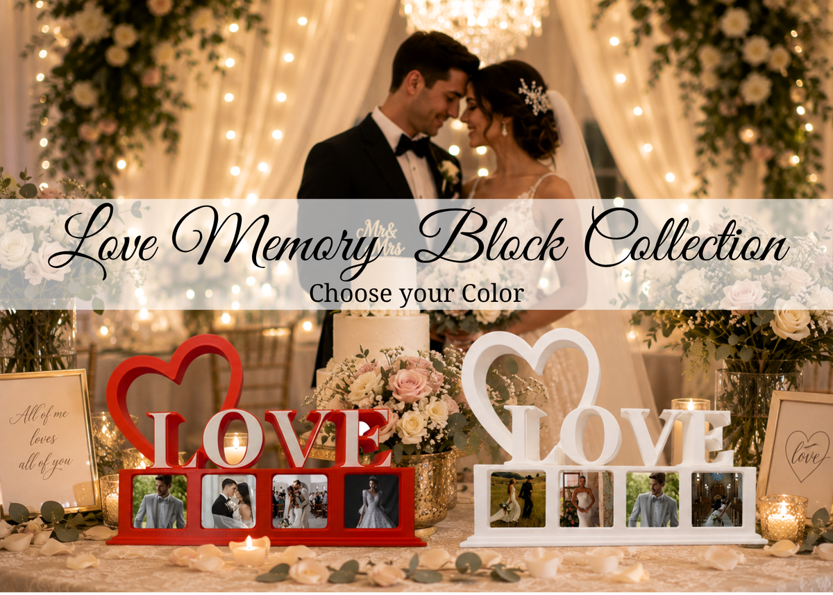 Red and White LOVE photo magnet display with a bride and groom. 