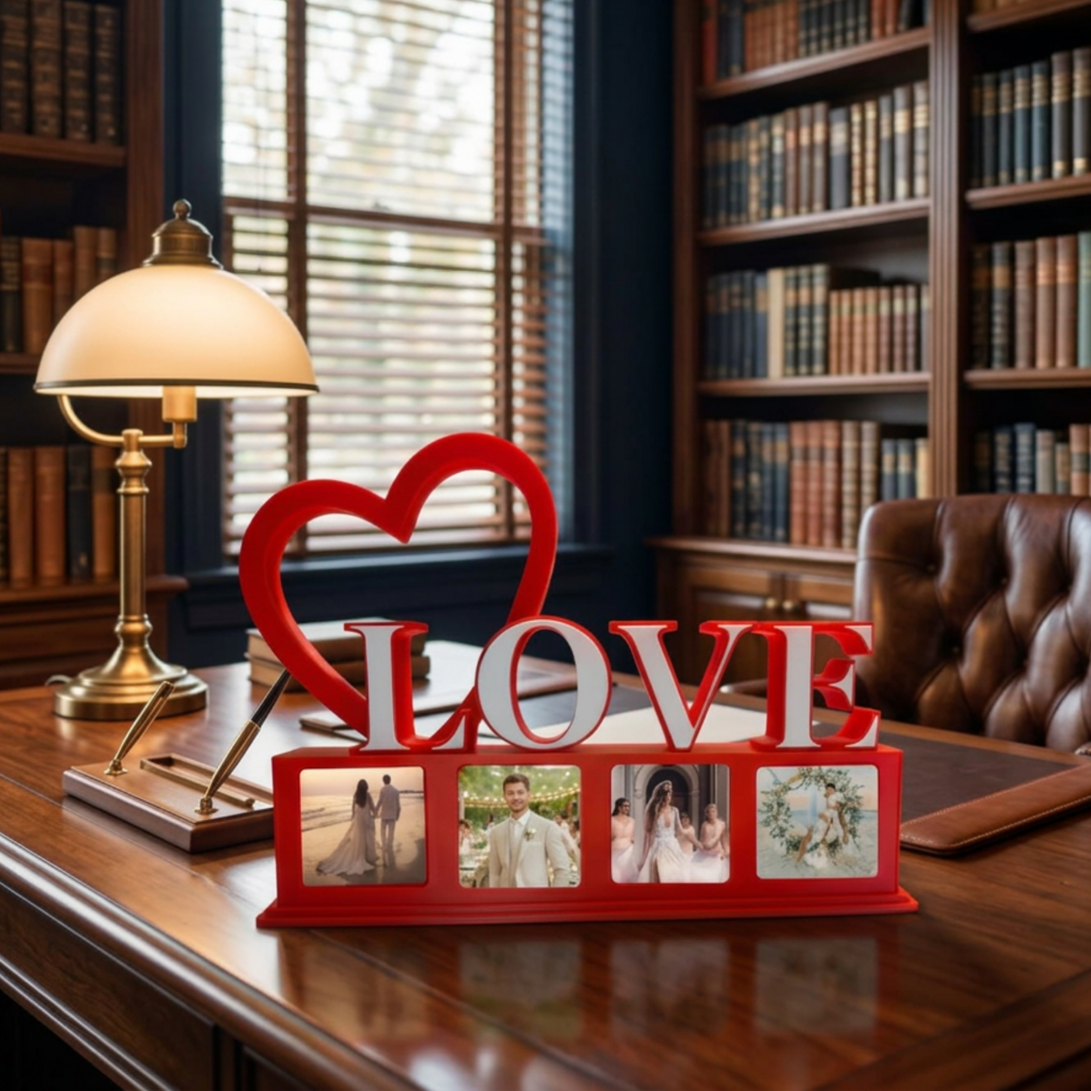 A red decorative tabletop photo frame with a large heart and the word LOVE, plus four small photo magnets, displayed on a wooden desk in a study with bookshelves, a lamp, and a leather chair.