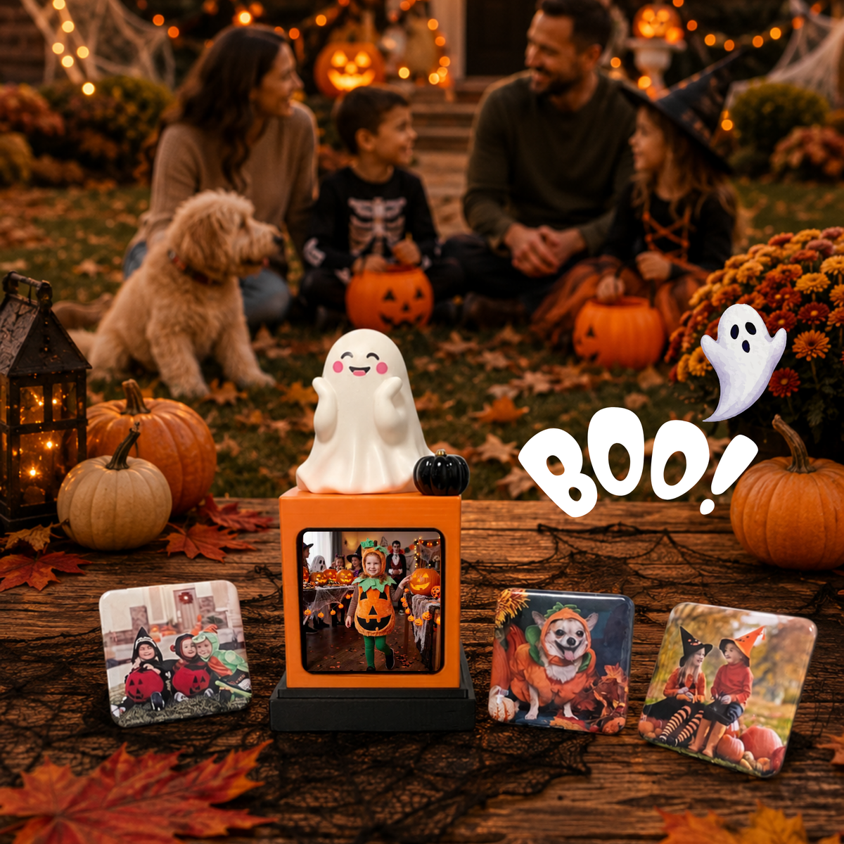 A Halloween-themed scene with a family sitting in the background and a small orange and black photo frame display in the foreground showing a Shy ghost figurine and a photo magnet inside. Three matching photo magnets are placed in front, and the scene is decorated with pumpkins, autumn leaves, string lights, and a white 'BOO!' graphic.