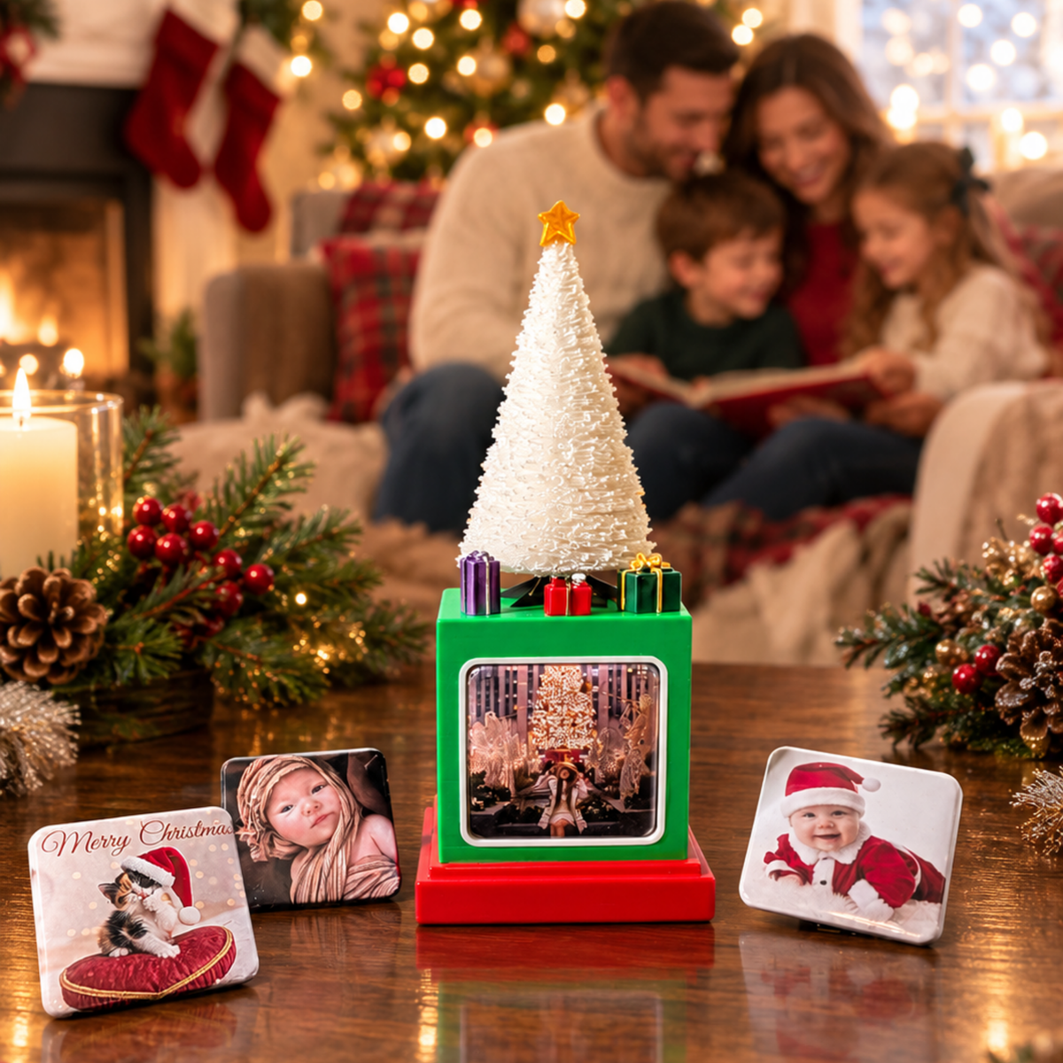 Green Memory Cube with silk white Christmas tree topper in a cozy family holiday scene with photo magnets.
