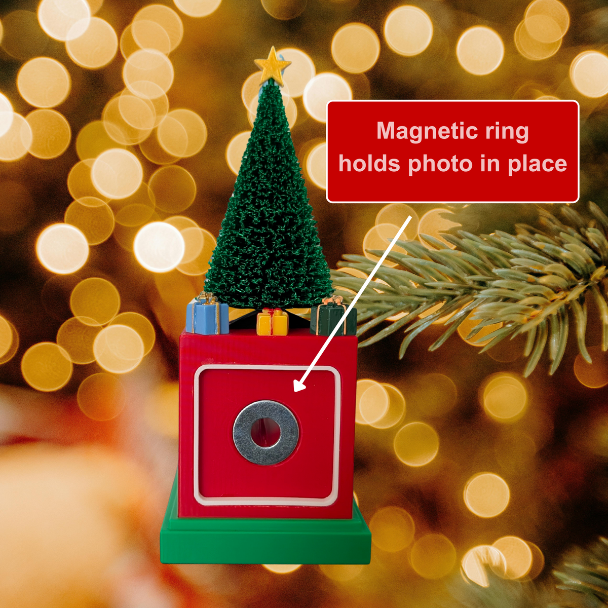 Silk Green Christmas Tree memory cube showing magnetic ring.