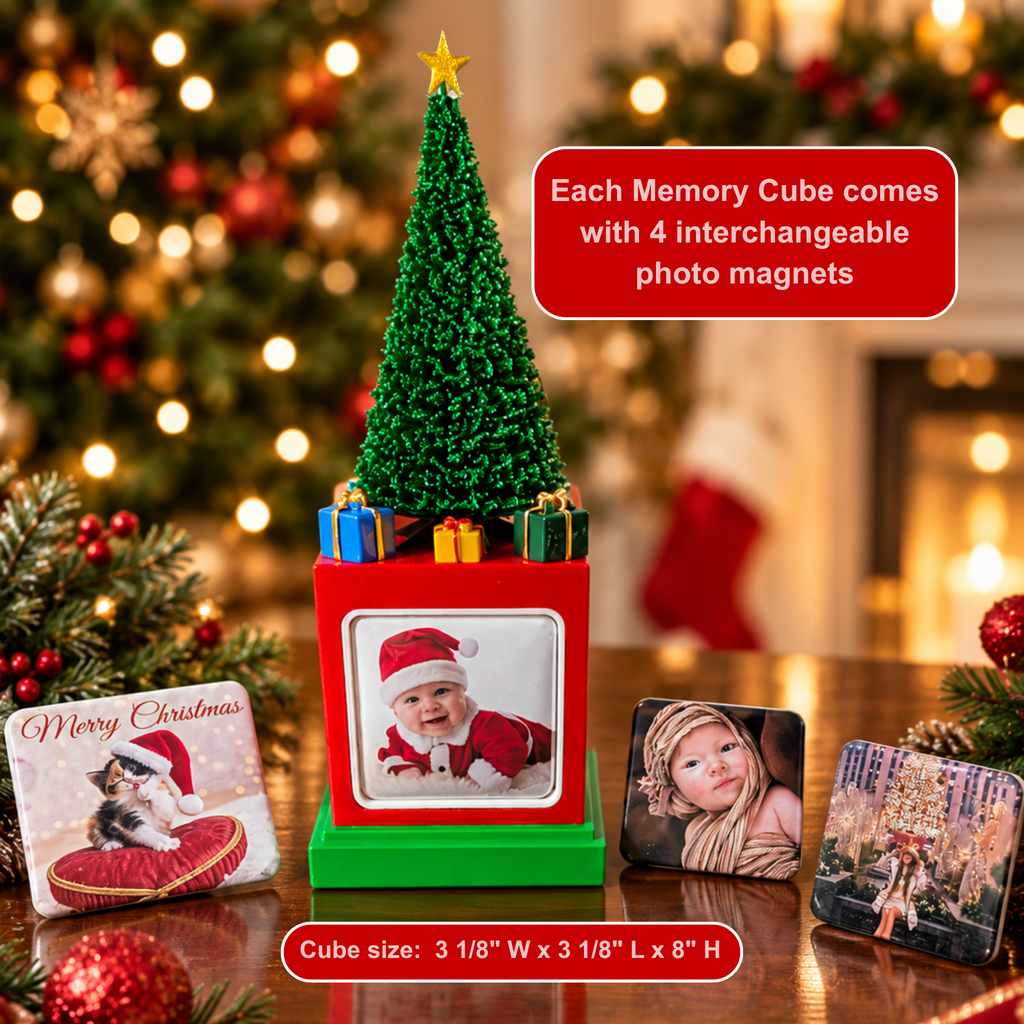 Silk green Christmas Tree Memory Cube shown with its dimensions.