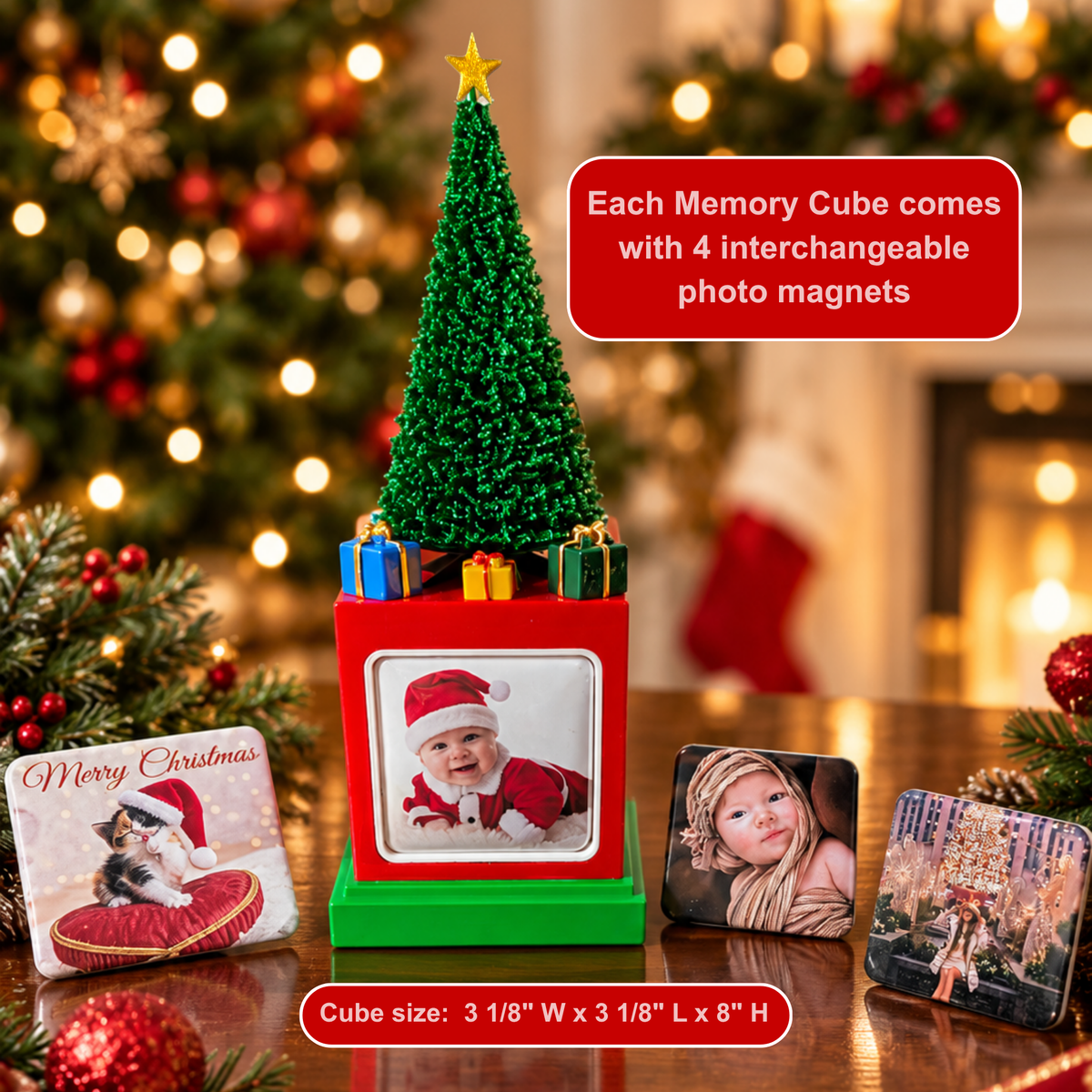 Silk green Christmas Tree Memory Cube shown with its dimensions.