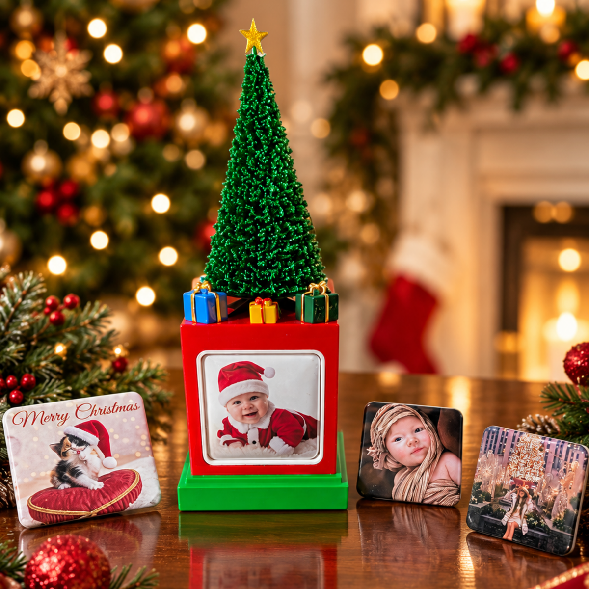 Silk green Christmas Tree Memory Cube with interchangeable photo magnets.