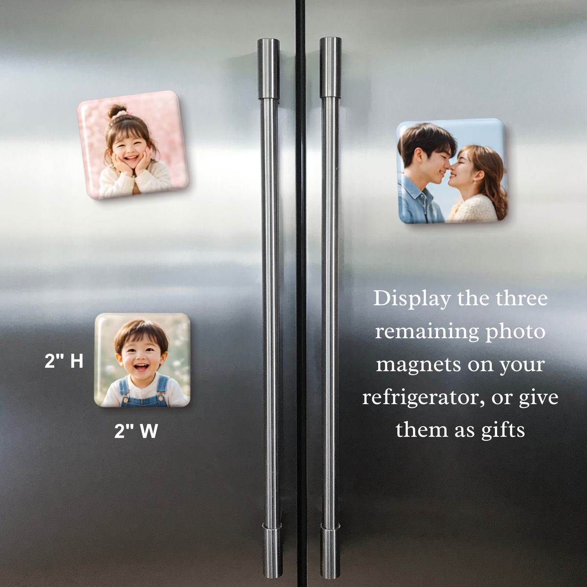 Three 2" x 2" photo magnets displayed on stainless steel refrigerator doors, with text indicating dimensions and usage. The magnets show family photos of a smiling child, a couple embracing, and a young boy.