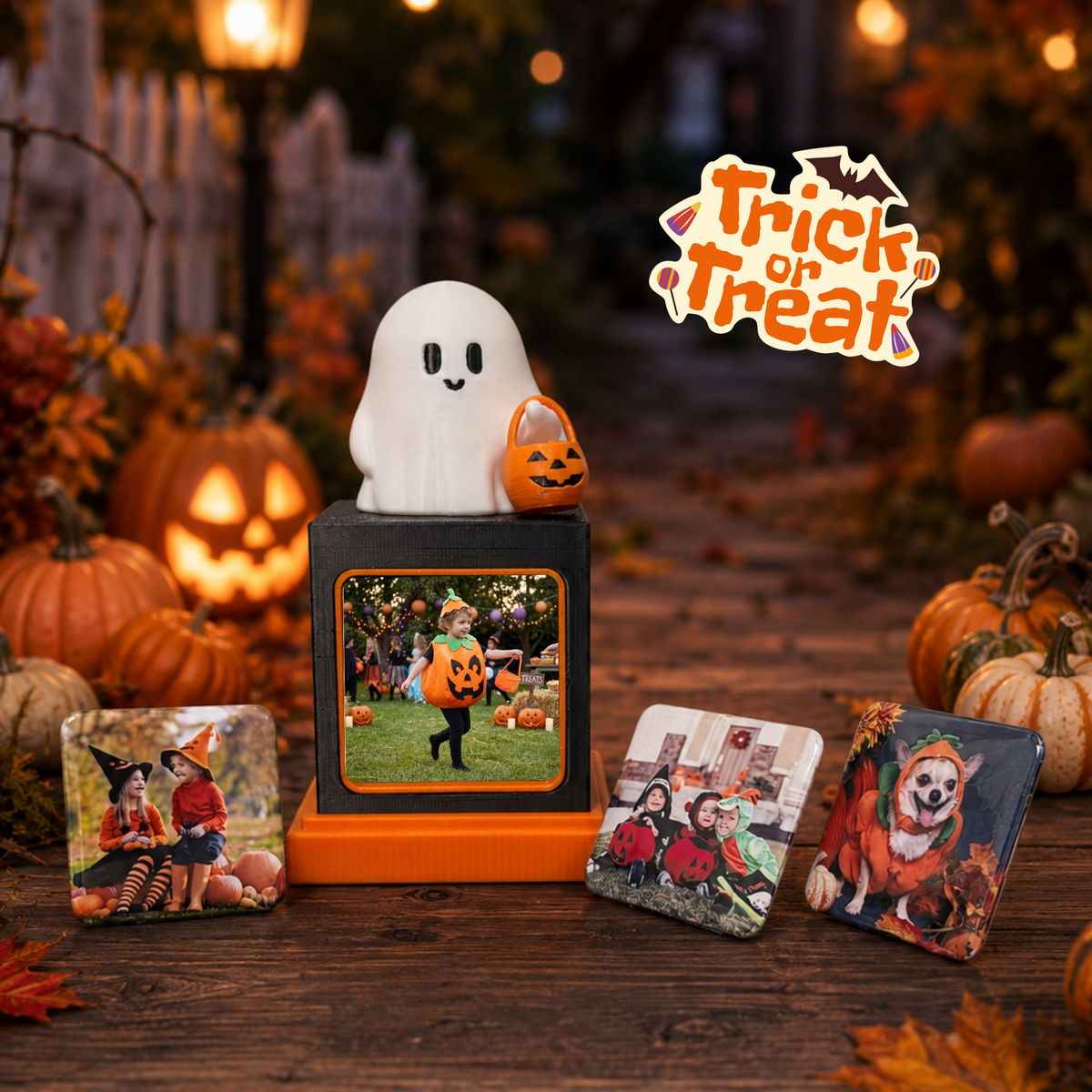 A Halloween-themed photo display set on a wooden table, featuring a white ghost figurine holding a jack-o'-lantern on a black and orange base, surrounded by three square photo magnets and a 'Thick or Tuck' logo graphic. The background depicts a cozy, blurred outdoor autumn scene with pumpkins and warm lights.