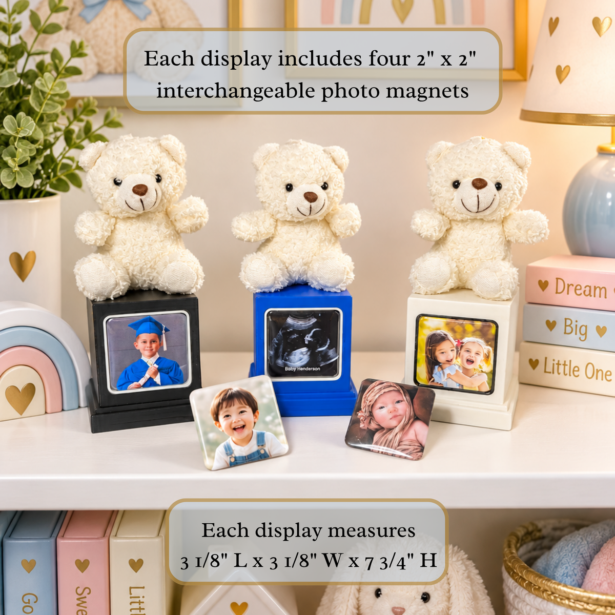 Three white teddy bear photo displays arranged on a shelf, each holding a square photo magnet. The products are shown with example photos inserted, plus text overlays stating that each display includes four 2 x 2 inch interchangeable photo magnets and measurements of 3 1/8 x 3 1/8 x 7 3/4 inches.