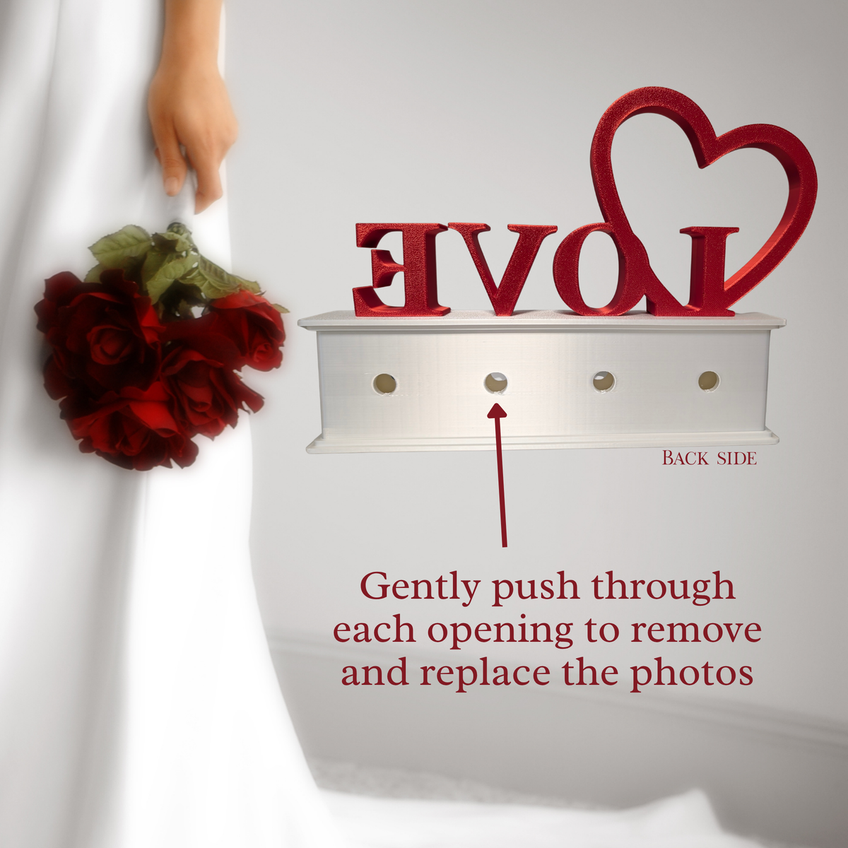 A white decorative photo frame with red 'LOVE' lettering and a red heart on top, shown with a bride's hand holding red roses and overlaid instructional text about removing and replacing the photo.