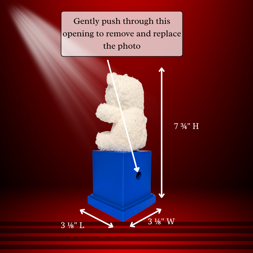 A white teddy bear sitting on a blue memory cube , with measurement arrows indicating 7 3/4 inches high, 3 1/8 inches wide, and 3 1/8 inches deep. Text at the top says to gently push through an opening to remove and replace the photo, on a dark red gradient background.