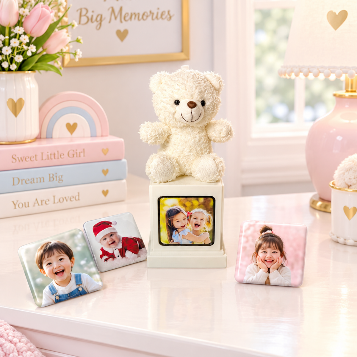 A personalized photo display set on a white tabletop in a softly styled room. A white teddy bear sits on a white memory cube with a photo magnet inside and three photo magnets displayed around it. 