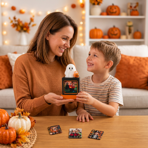 A woman and a young boy smile while interacting with a Halloween-themed picture frame display on a wooden table, with autumn decorations like pumpkins and string lights in the background.