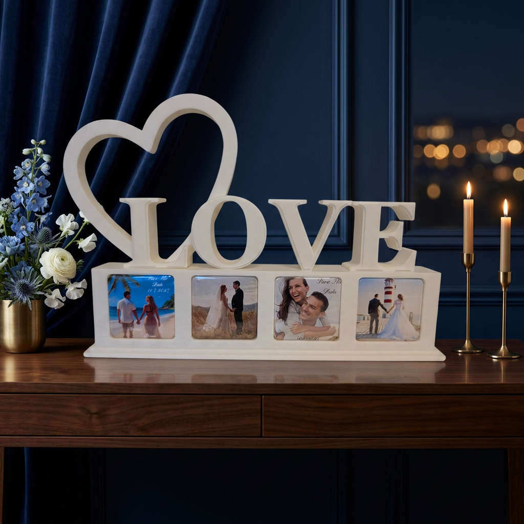 A white photo frame frame spelling LOVE, with a large heart outline at the top and four small photo magnets, displayed on a wooden table against a dark blue curtain background with candles and flowers nearby.
